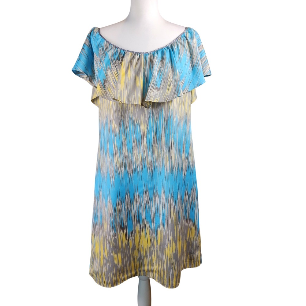 Banana Republic Shift Dress Womens 10 Blue Yellow‎ Ikat Off Shoulder Casual